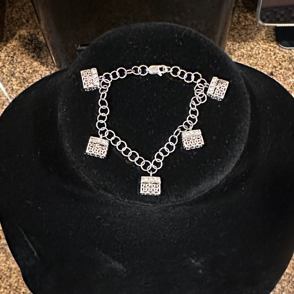 Prayer Box Silver Charm Bracelet with Rhinestone Studded Prayer Boxes.